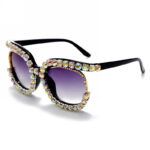Rhinestone Trimmed Half-Frame Oversize Sunglasses Black Frame Gradient Grey Lens