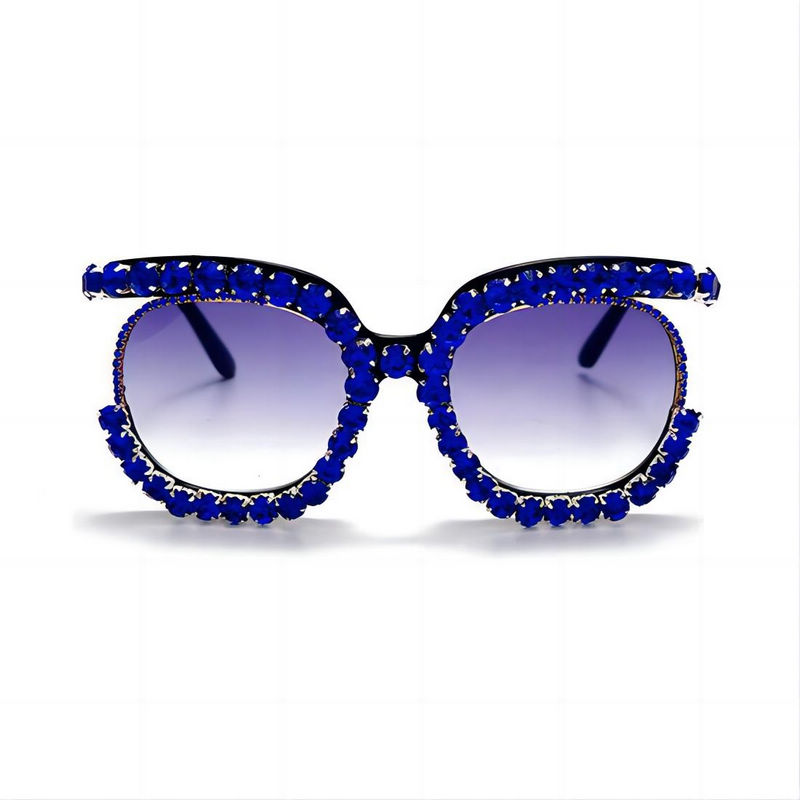 Rhinestone Trimmed Half-Frame Oversize Sunglasses Blue Frame Grey Lens