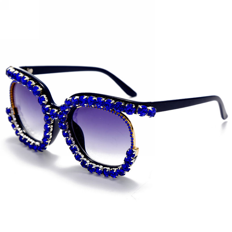 Rhinestone Trimmed Half-Frame Oversize Sunglasses Dark Blue