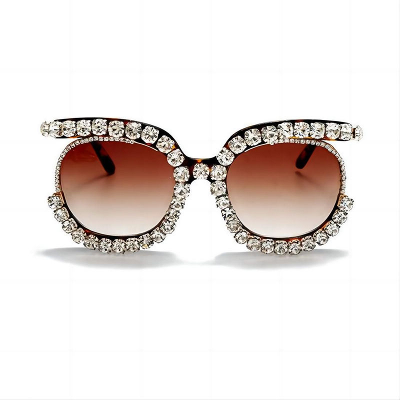 Rhinestone Trimmed Half-Frame Oversize Sunglasses Leopard/Brown