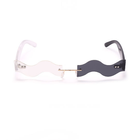 Rimless Waved Two-Tone Sunglasses Black White Lens