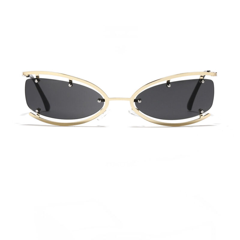 Semi-Rimless Modified Oval Gold Metal Frame Sunglasses Grey Lens
