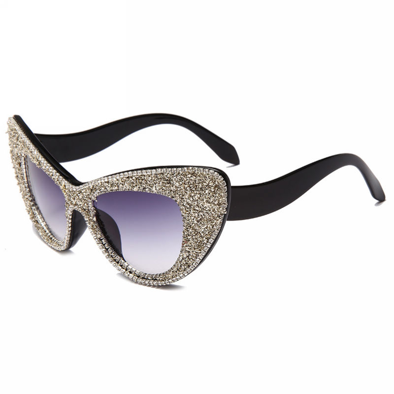 Silver Glitter Crystal Frame Cat-Eye Sunglasses