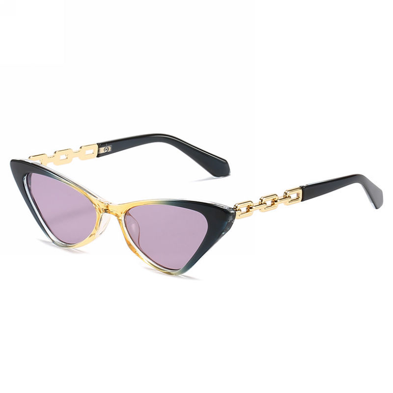 Small Triangle Cat-Eye Chain Link Temple Sunglasses Blue Yellow/Purple