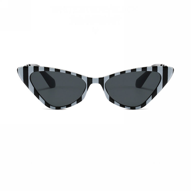 Small Triangle Cat-Eye Chain Link Temple Sunglasses White Stripe Frame Grey Lens