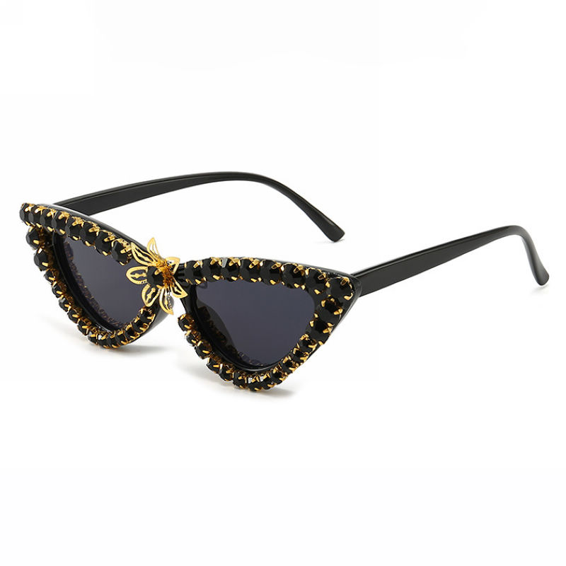 Sparkling Crystal Flower Embellished Cat-Eye Sunglasses Black Frame Grey Lens