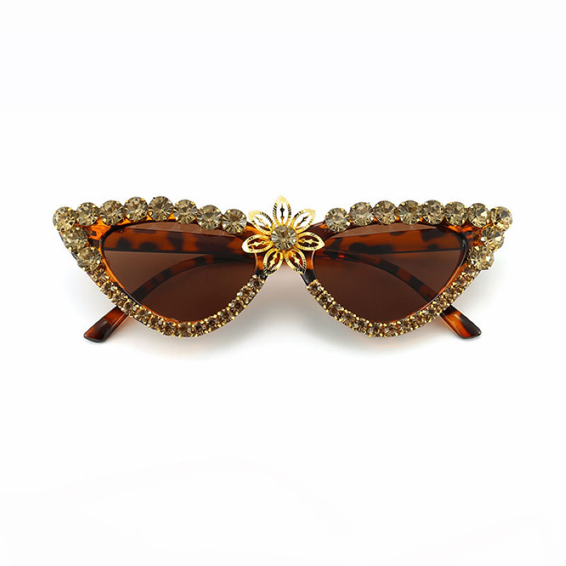 Sparkling Crystal Flower Embellished Cat-Eye Sunglasses Tortoise Brown