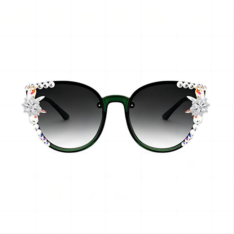 Sparkling Rhinestone Oversize Cat-Eye Sunglasses Green Frame Grey Lens