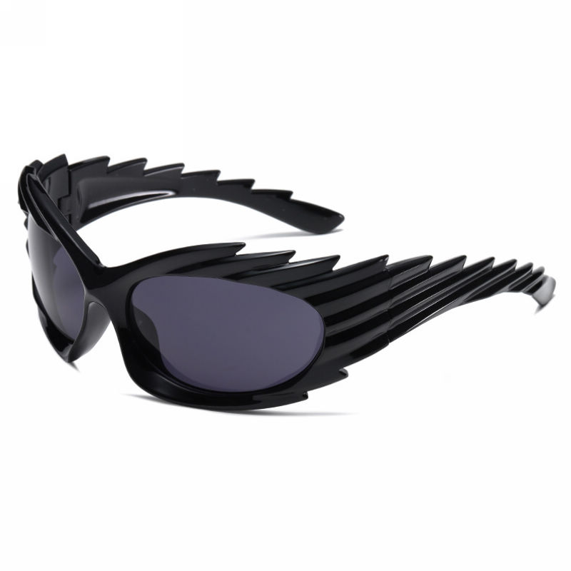 Spike Wrap-Around Sport Sunglasses Shiny Black Frame Grey Lens