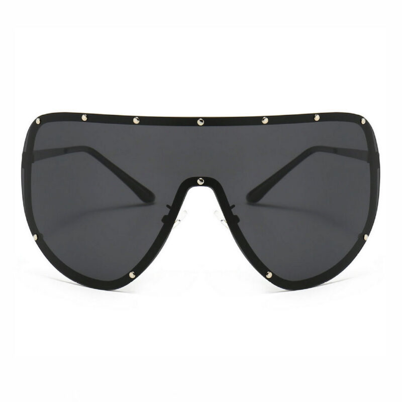 Studded Single-Lens Oversized Shield Mask Sunglasses Black/Grey