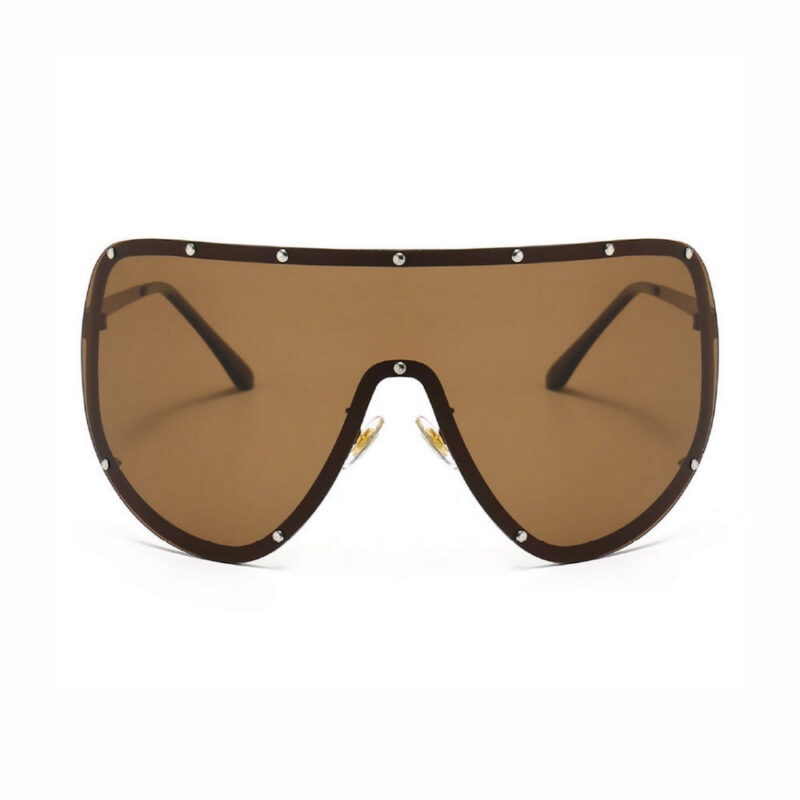 Studded Single-Lens Oversized Shield Mask Sunglasses Bronze/Brown