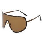 Studded Single-Lens Oversized Shield Mask Sunglasses Bronze Frame Brown Lens
