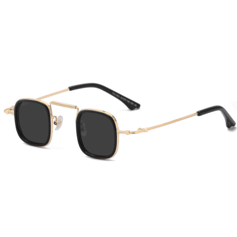 Tiny Square Polarized Sunglasses Gold Metal Black Acetate Frame Grey Lens