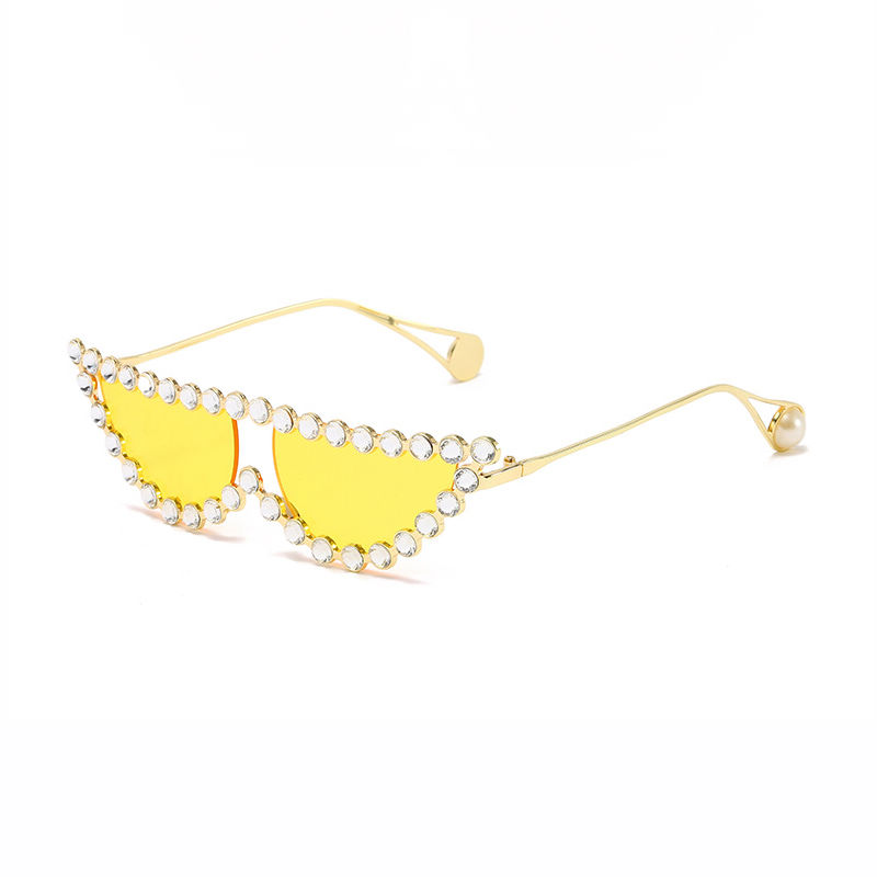 Transparent Yellow Crystal Pearl Gold-Tone Metal Frame Cat Eye Sunglasses