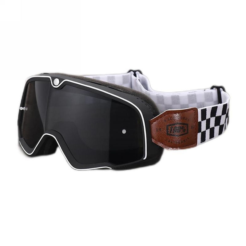 Vintage Adult Motorcycle Riding Goggles Black White Frame Grey Lens with White Checkerboard Headstrap