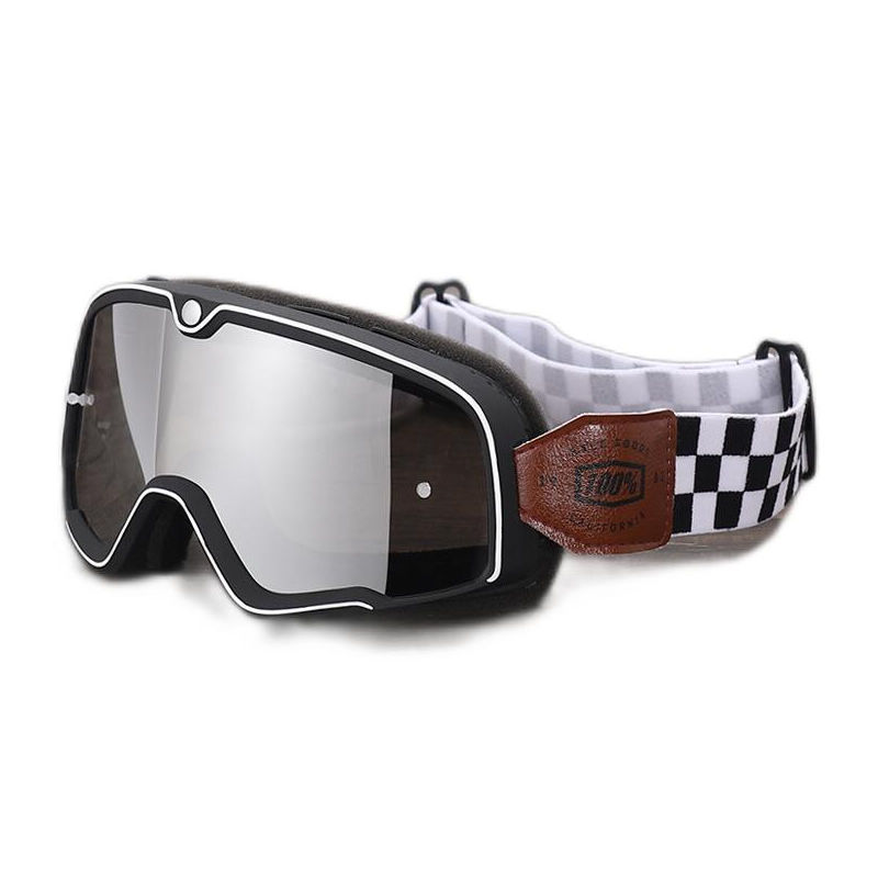 Vintage Adult Motorcycle Riding Goggles Black White Frame Mirrored Silver Lens with White Checkerboard Headstrap