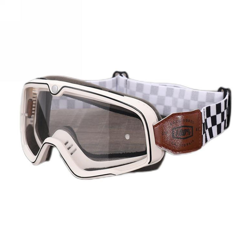 Vintage Adult Motorcycle Riding Goggles White Frame Clear Lens with White Checkerboard Headstrap