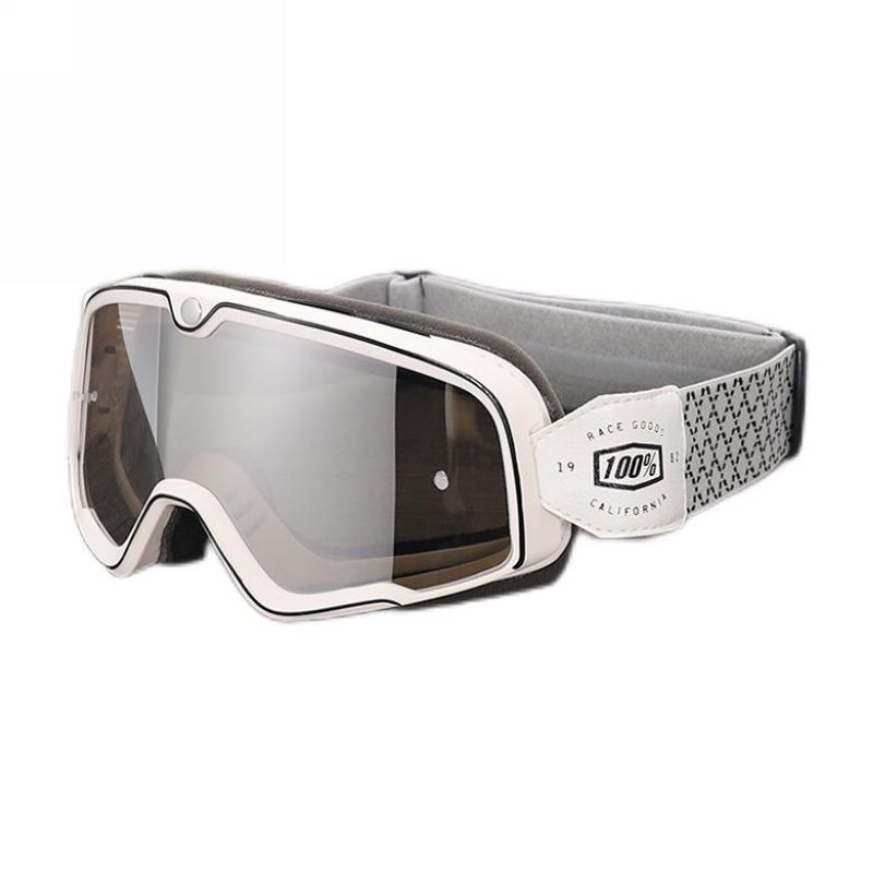 Vintage Adult Motorcycle Riding Goggles White Frame Mirrored Silver Lens with Black Fleck Headstrap