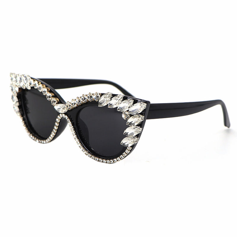 White Bling Crystal-Embellished Cat-Eye Womens Sunglasses Black Frame Grey Lens