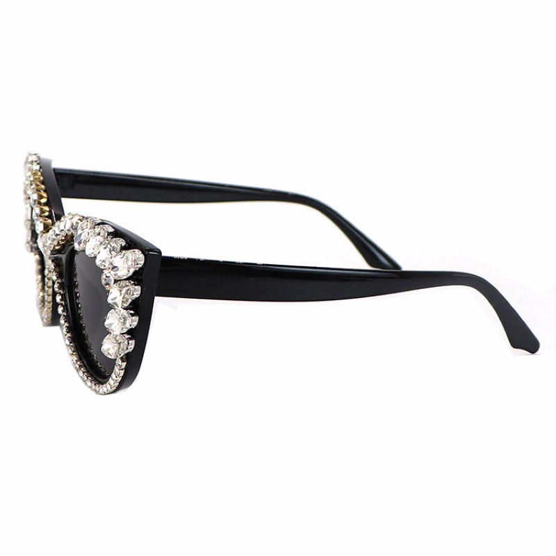 White Bling Crystal-Embellished Cat-Eye Womens Sunglasses Black/Grey