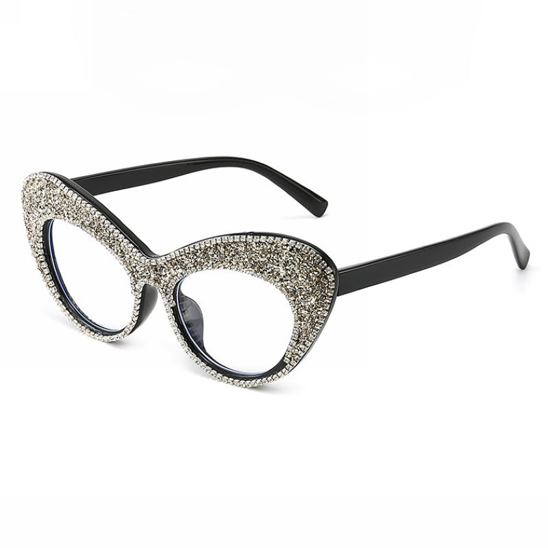 White Crystal-Embellished Cat-Eye Acetate Plain Glasses