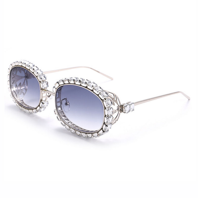 White Cutout Crystal-Embellished Gradient Oval Sunglasses Silver-Tone/Gradient Grey