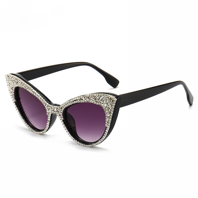 White Gem Embellishment Cat-Eye Womens Sunglasses Black Frame Gradient Grey Lens