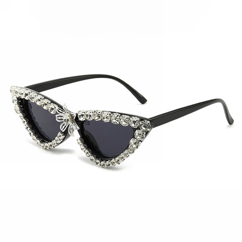 White Sparkling Crystal Flower Embellished Cat-Eye Sunglasses