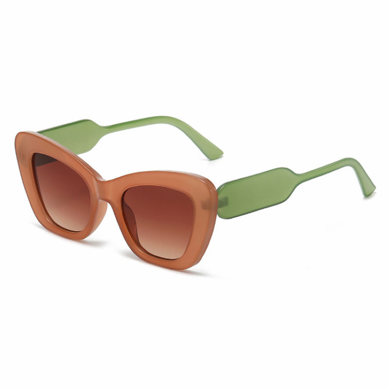 Wide Temple Cat-Eye Acetate Sunglasses Brown Green Frame Gradient Brown Lens