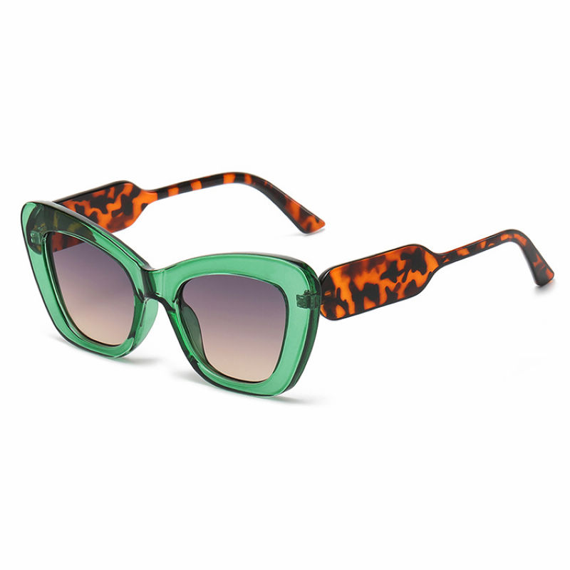Wide Temple Cat-Eye Acetate Sunglasses Green Leopard Frame Gradient Grey Lens