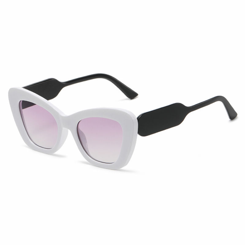 Wide Temple Cat-Eye Acetate Sunglasses White Black Frame Gradient Pink Lens